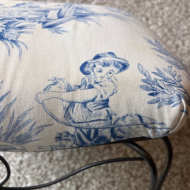 Metal Vintage Wrought Iron Foot Rest / Ottoman With Blue Toile Upholstery For Sale - Image 7 of 11