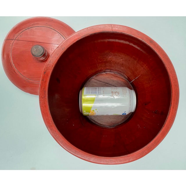Antique Chinese Red Lacquered Round Wood Box Rice Bucket With Lid For Sale In New York - Image 6 of 11