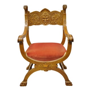 Antique Italian Renaissance Figural Carved Mahogany & Velvet Curule Throne Chair For Sale