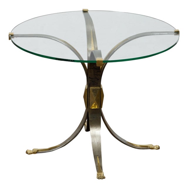 French Art Deco 1930s Steel and Brass Drinks Table with Glass Top, Splaying Legs For Sale