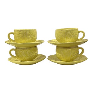 Vintage Secla Portugal Majolica Yellow Cabbage Leaf Cup / Saucer Sets - Set of 4 For Sale