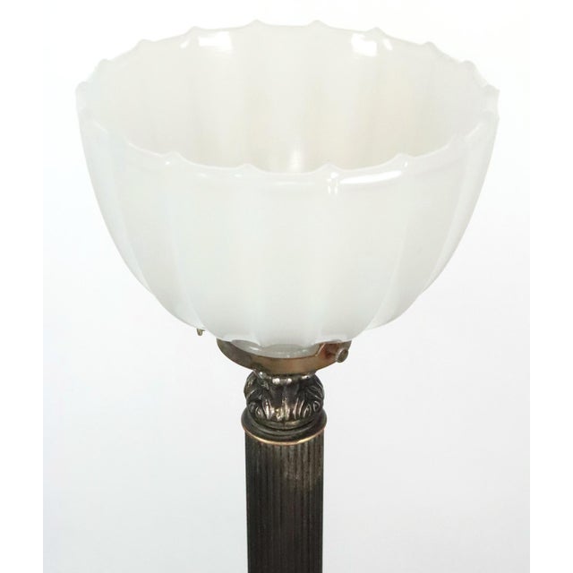 Art Deco Mid 20th Century Restored Art Deco Brass Milk Glass Torchiere Floor Lamp For Sale - Image 3 of 8