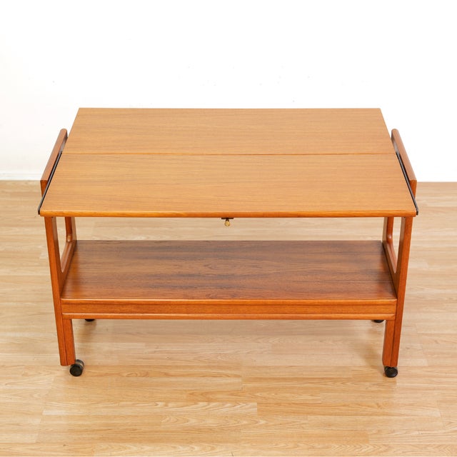 Brown Mid Century Teak Mechanical Bar Cart Folding Console Table For Sale - Image 8 of 10