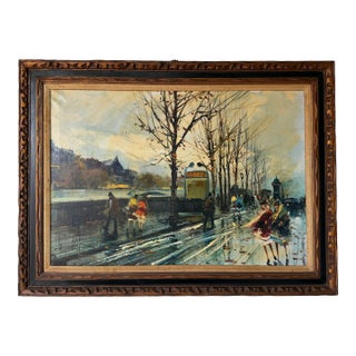 Large R. Champignon European Paris Street Scene Impressionist Oil on Canvas Painting – Framed For Sale