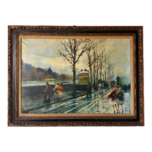 Large R. Champignon European Paris Street Scene Impressionist Oil on Canvas Painting – Framed