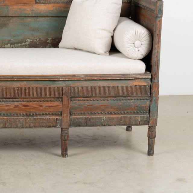 19th Century Swedish Gustavian Original Teal Blue Painted Pine Bench For Sale - Image 13 of 14