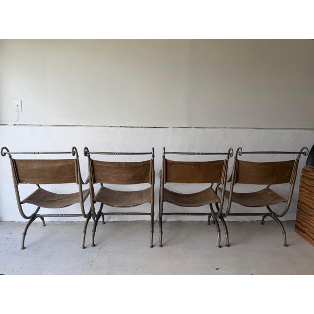 Mexican Late 20th Century Leather and Iron Scroll Dining Arm Chairs For Sale - Image 3 of 12
