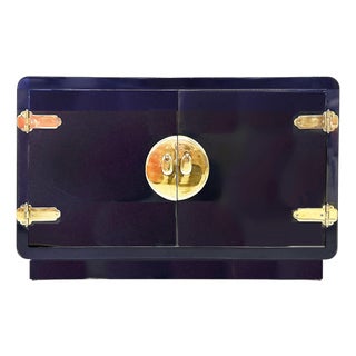 1970s Newly Lacquered Asian-Theme Mastercraft Cabinet, Overscale Brass Hardware For Sale