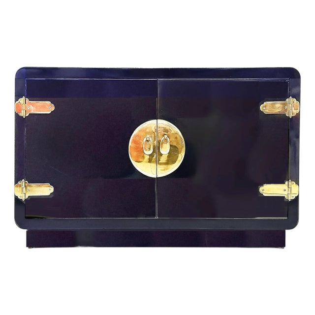 1970s Newly Lacquered Asian-Theme Mastercraft Cabinet, Overscale Brass Hardware For Sale