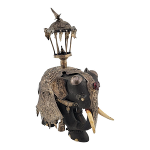 Rare Antique Indian Ebony Silver Overlay Jeweled Elephant W Real Ruby Stone.