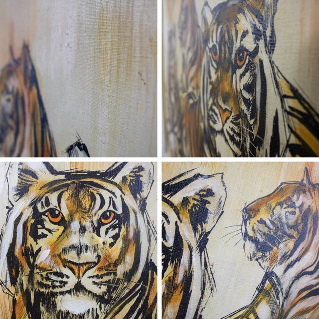 Mid-20th Century Mid-Century Modern Large Resting Tiger Canvas Painting by Pettersen Black and Gold Frame For Sale - Image 15 of 18