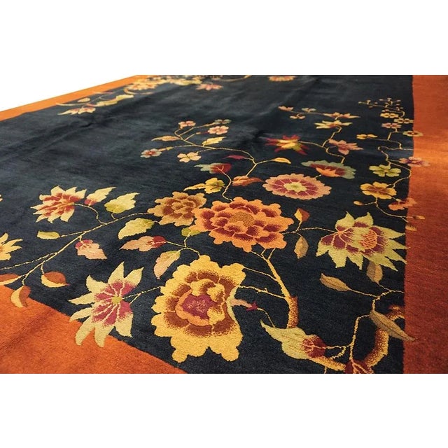 1920s 1920s Navy Blue Floral Antique Chinese Art Deco Carpet 9' X 11'2" Knotetd Wool Rug For Sale - Image 5 of 9