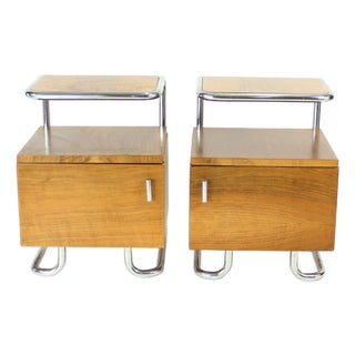 Bedside Tables in Chrome & Walnut by Vichr & Spol for Kovona, Former Czechoslovakia, 1950s, Set of 2 For Sale