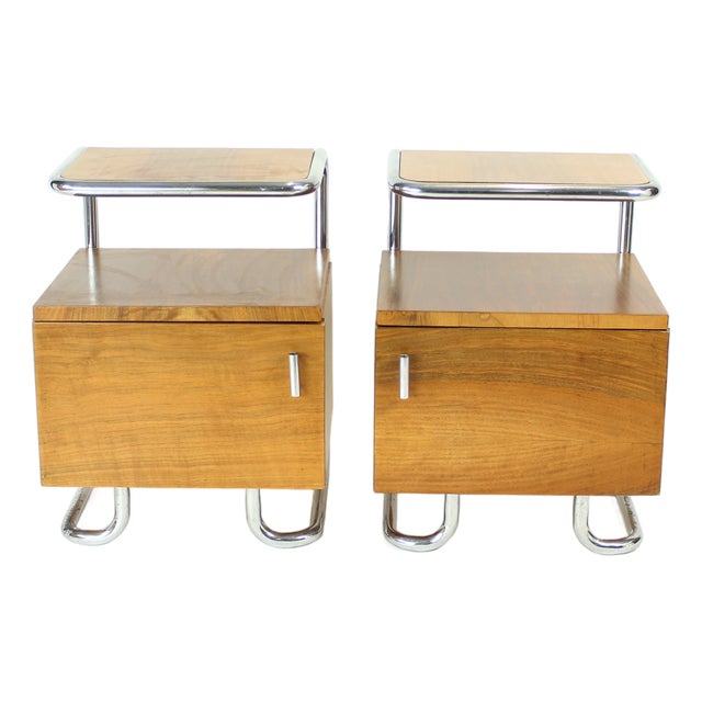 Bedside Tables in Chrome & Walnut by Vichr & Spol for Kovona, Former Czechoslovakia, 1950s, Set of 2 For Sale