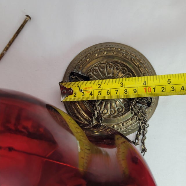 Antique Ruby Red Glass Hanging Oil Lamp Macbeth Pearl Glass Chimney Brass Trim For Sale - Image 9 of 13
