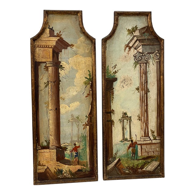 Pair of Italian Hand Painted Architectural Panels For Sale