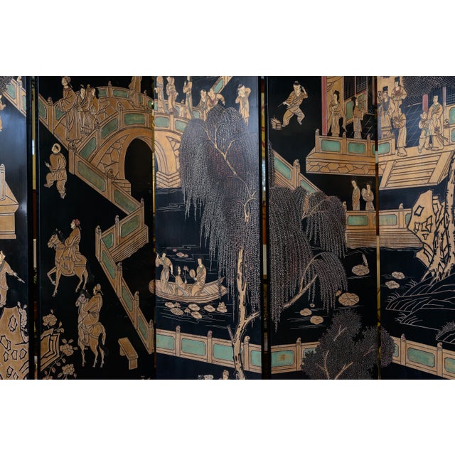 Eight Panel Black Oriental Screen For Sale - Image 9 of 10