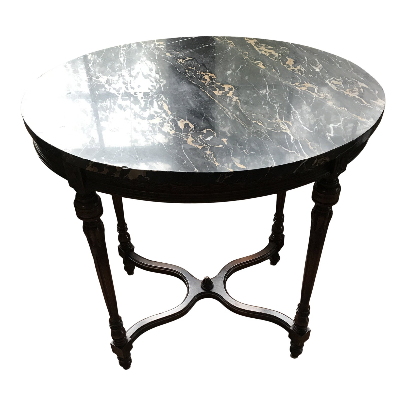 Circa 1920 Classic American Marble Topped Hand Carved Wood Tea Table