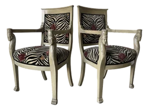 Vintage Egyptian Revival–Style Carved Wood Arm Accent Chairs – A Pair
