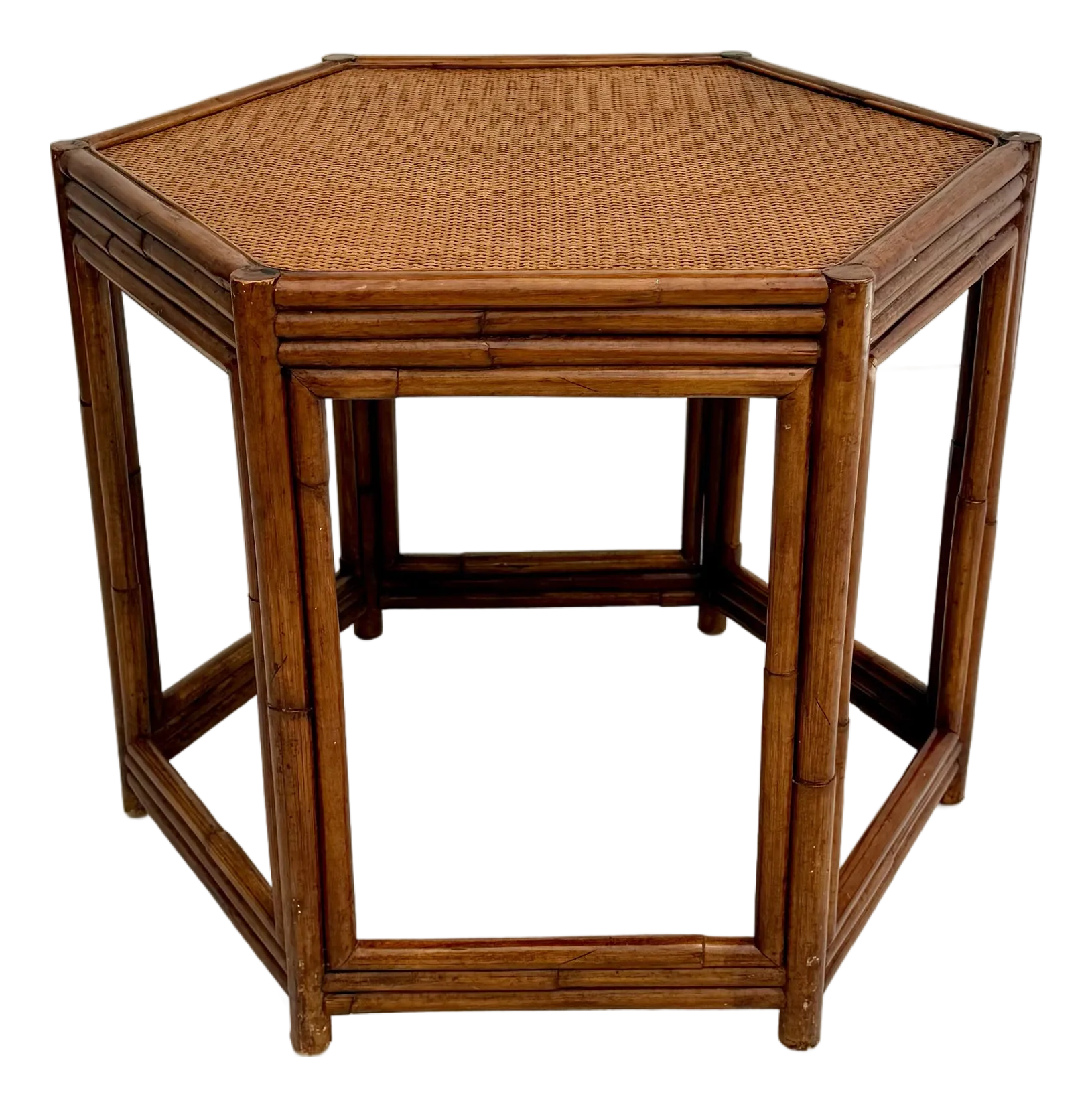 Vintage Asian Chinoiserie Hexagon Faux Bamboo and Rattan Side
