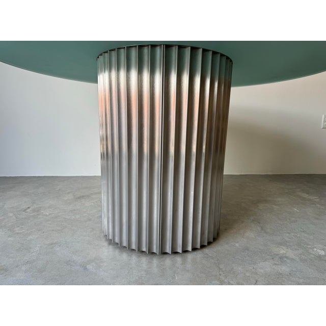 1980's Italian Postmodern Luigi Saccardo- Style Brushed Steel and Glass Top Round Dining Table/ Sold For Sale - Image 10 of 12