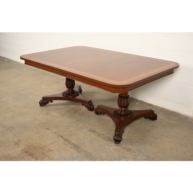 Brown Baker Furniture Regency Banded Mahogany Double Pedestal Extension Dining Table, Newly Refinished For Sale - Image 8 of 15
