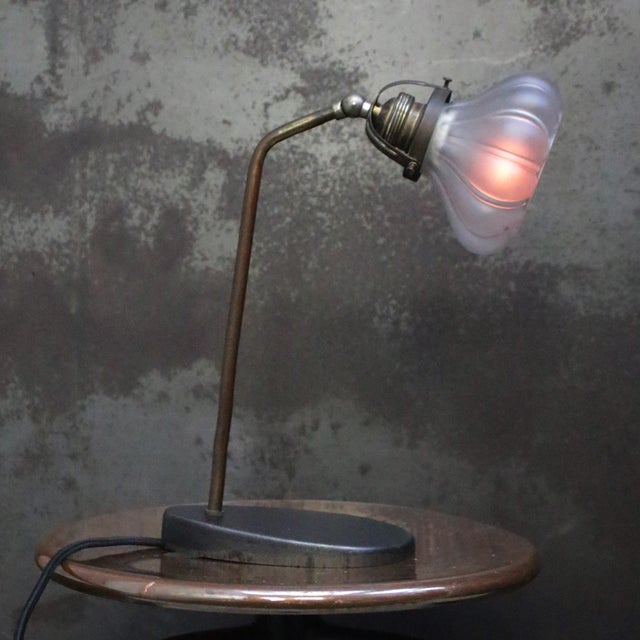 French 1930s, art deco, frosted glass, cast and brass desk light / table lamp. 2,5 meter black cotton wire, plug and...