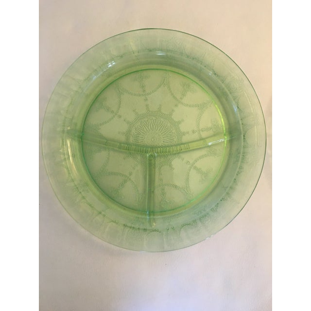 2 uranium vasoline glass etched green plates vintage