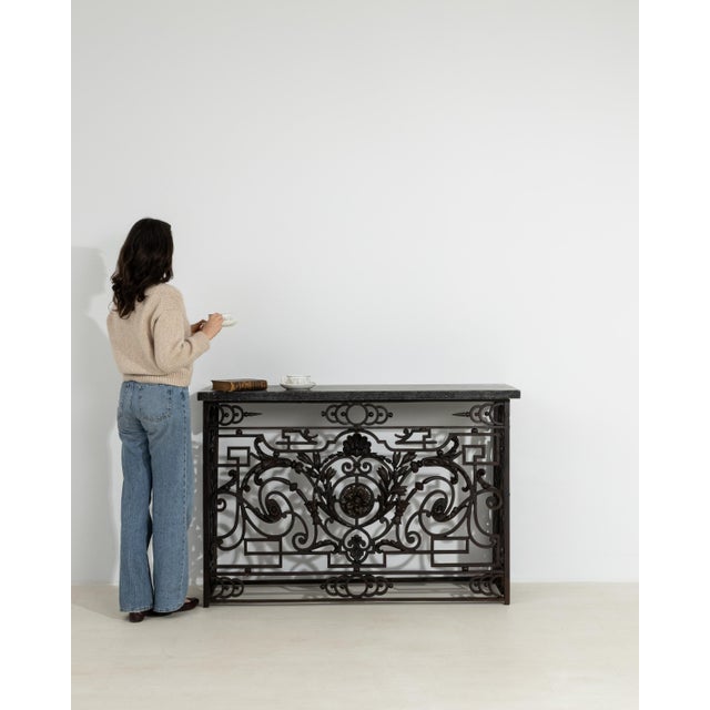 Black Neoclassical Wrought Iron Console With Belgian Bluestone For Sale - Image 8 of 12