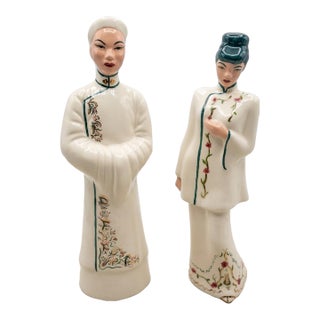Vintage Hollywood Regency Signed Ceramic Asian Figures For Sale