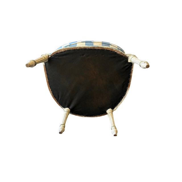 French Country Mid 20th Century Carved Armchair With Blue Gingham Upholstery For Sale - Image 3 of 12