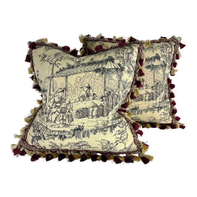 Schumacher Chinoiserie Cotton Toile Pillows / a Pair. For Sale