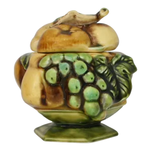Mid Century Inarco Japan Hexagonal Sugar Bowl With Brown & Green Tone Raised Fruit Detail