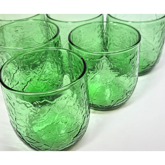 Glass Pressed Green Leaf Lowballs- Set of Six For Sale - Image 7 of 12