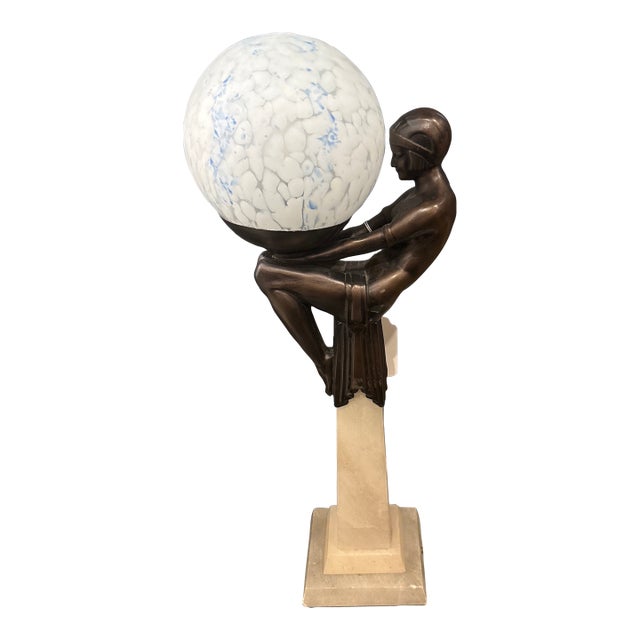 Vintage Art Deco Revival Figural Table Lamp With Bronze-Tone Egyptian Maiden & Mottled Glass Globe For Sale
