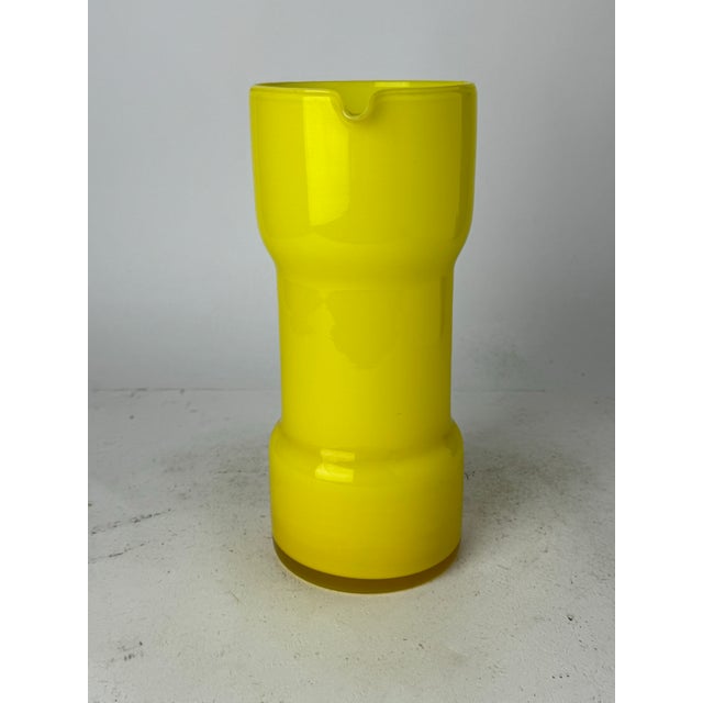 Stunning Italian Style Empoli Cased Hand-Blown Art Glass Yellow Vase/Pitcher with Red Handle! Looking to add a touch of...