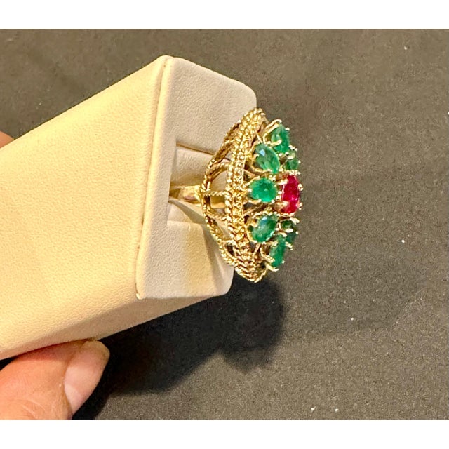 Gemstone 2 Ct Natural Emerald, 1 Oval Ruby Cocktail Marquise Shape Ring 14 Kt Yellow Gold For Sale - Image 7 of 18