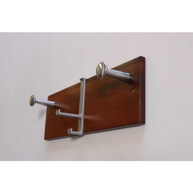 Wood Vintage Walnut and Anodized Aluminum Wall Mounted Coat Rack With Two Hangers For Sale - Image 7 of 13