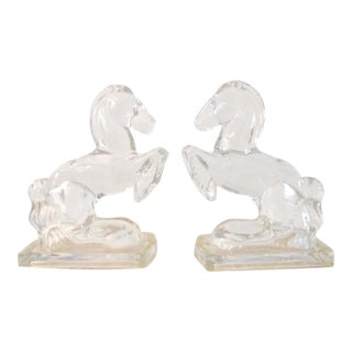 1970s Glass Rearing Horse Bookends, a Pair For Sale