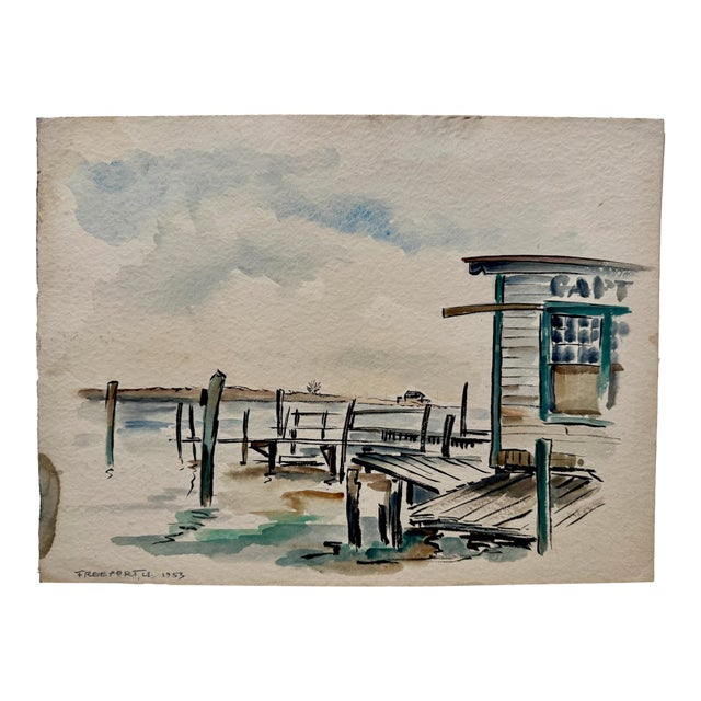 Henry Emil Salloch Original Watercolor on Paper Freeport, Long Island. 1953. For Sale