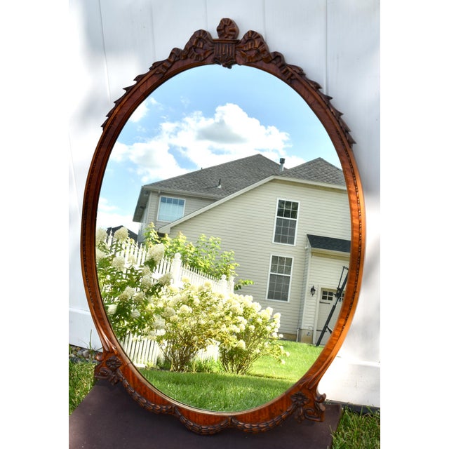 Satinwood Oval Wall Mirror Carved French Flower Basket Crest Decorative Frame For Sale - Image 4 of 15