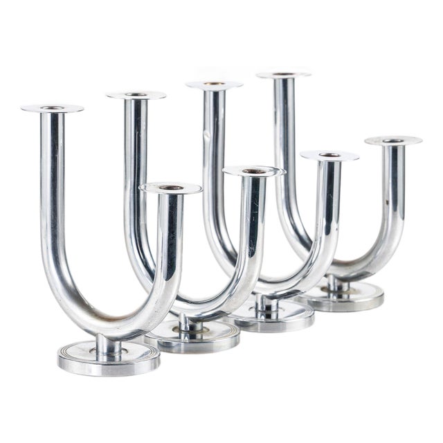 Antique Art Deco Taurex Chrome Candlestick Holders by Walter Von Nessen for Chase For Sale