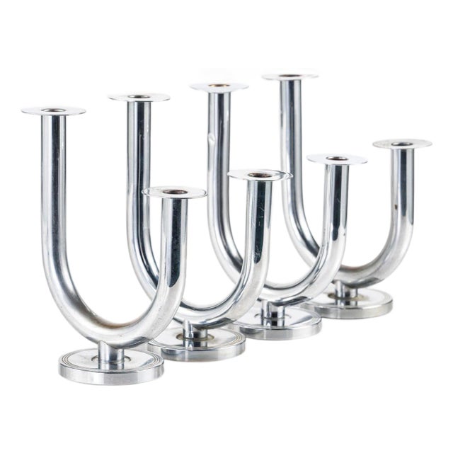 Art Deco Taurex Chrome Candlestick Holders by Walter Von Nessen for Chase For Sale