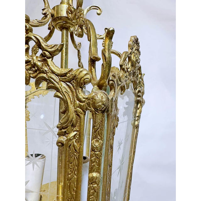 Metal 1930s Vintage Bronze Lantern With Etched Glass Panels For Sale - Image 7 of 8