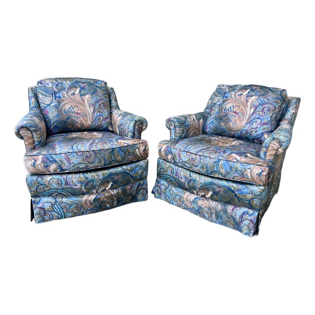 A Pair of Vintage Mid Century / Hollywood Regency Upholstered Lounge Chairs. Circa 1970s For Sale