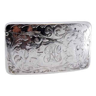 Curved Silver Card Case with Engravings and Monogram Card For Sale
