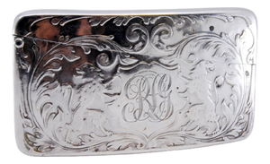 Curved Silver Card Case with Engravings and Monogram Card