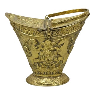 Antique English Renaissance Unicorn & Lion Brass Figural Coal Bucket Log Bin For Sale
