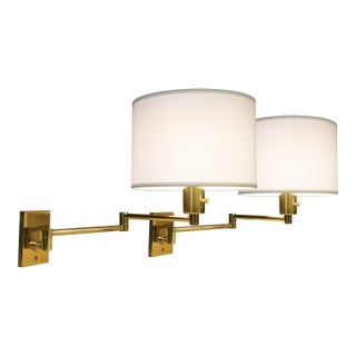 Matched Pair of 1950s George Hansen NY Brass Swing Arm Extension Wall Lamps Metalarte 1950's Spain For Sale