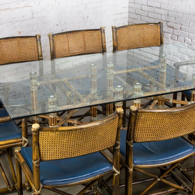 Late 20th Century Campaign Style Set of 8 Dining Chairs by McGuire Rattan Cane & Navy Leather For Sale - Image 11 of 18